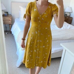 Universal Thread Mustard Yellow Floral Dress Linen Blend Midi Dress Cottagecore